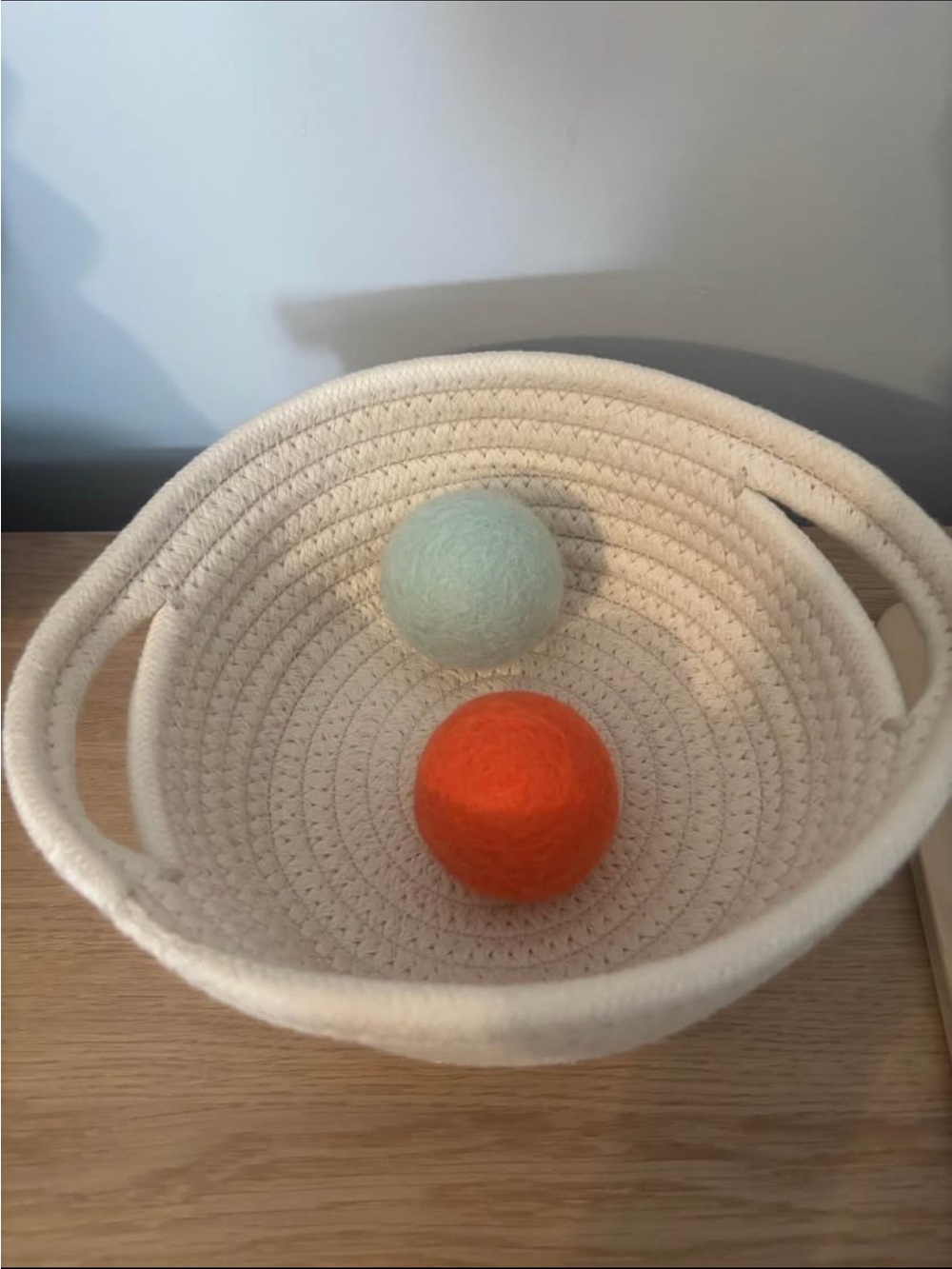 LOVEVERY Cream Woven Rope Basket with Orange & Pale Mint Felt Balls